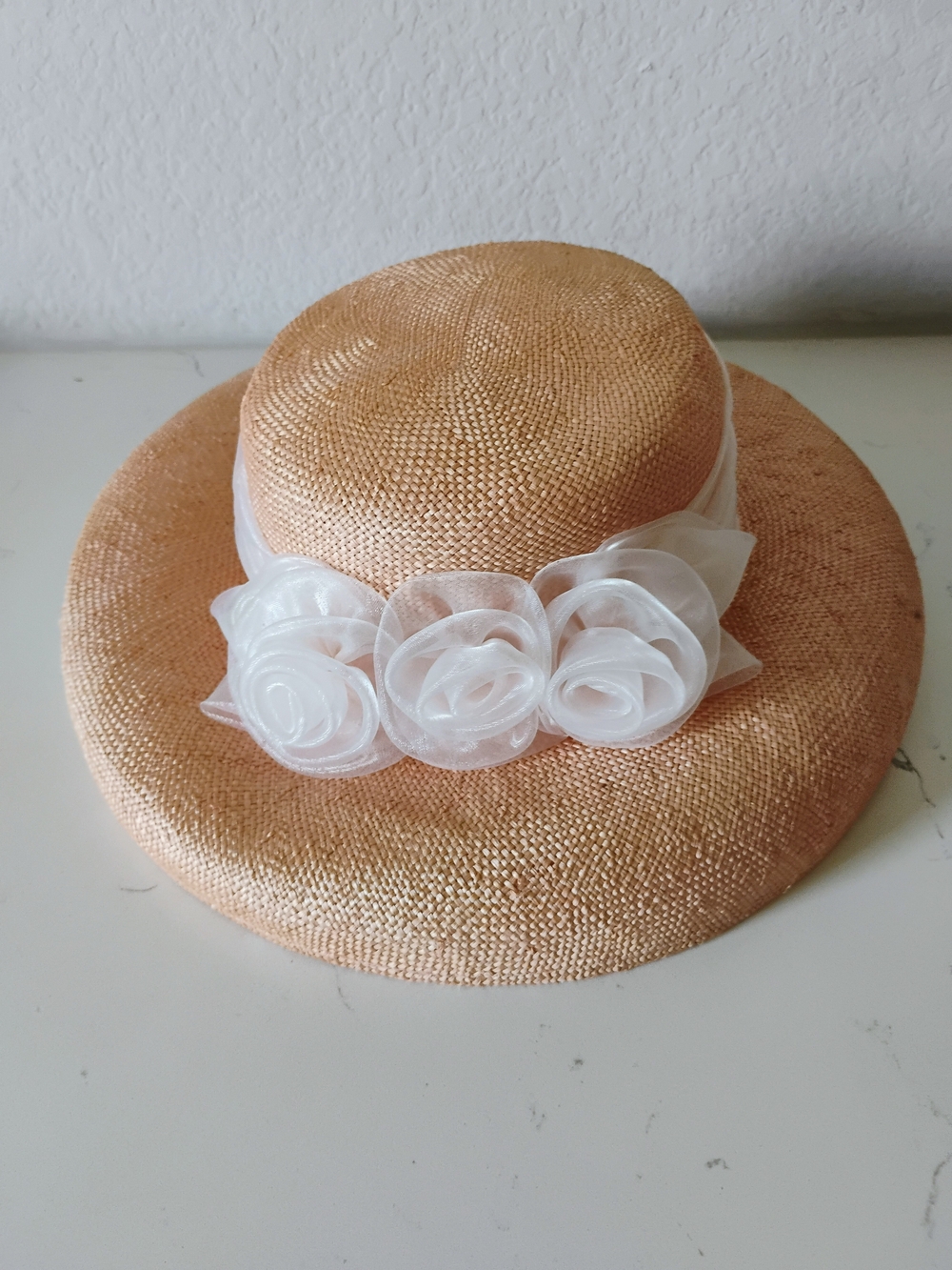 Peach Straw Dress Hat with White Floral Organza Band